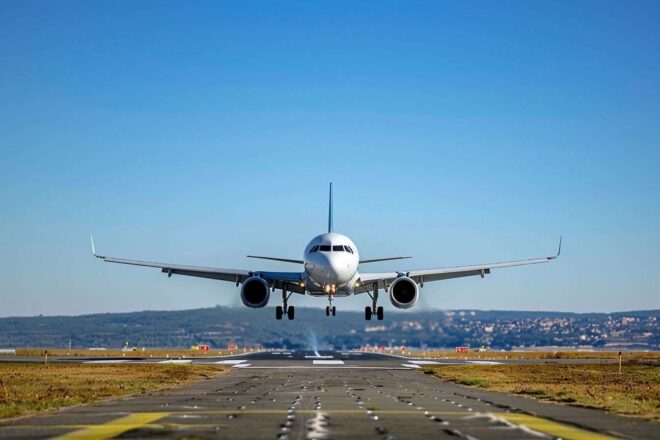 Approche d un avion avec train d atterrissage sorti sous un ciel bleu