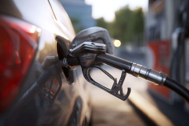 Gros plan d une buse de carburant insérée dans le réservoir d une voiture à une station service