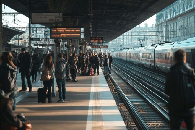 Vue large d une plateforme de train animée en france