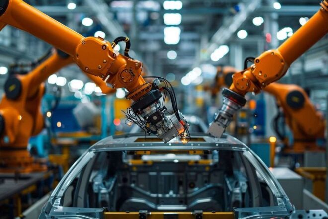 Gros plan d une chaîne de montage avec des bras robotiques de précision travaillant sur des composants automobiles