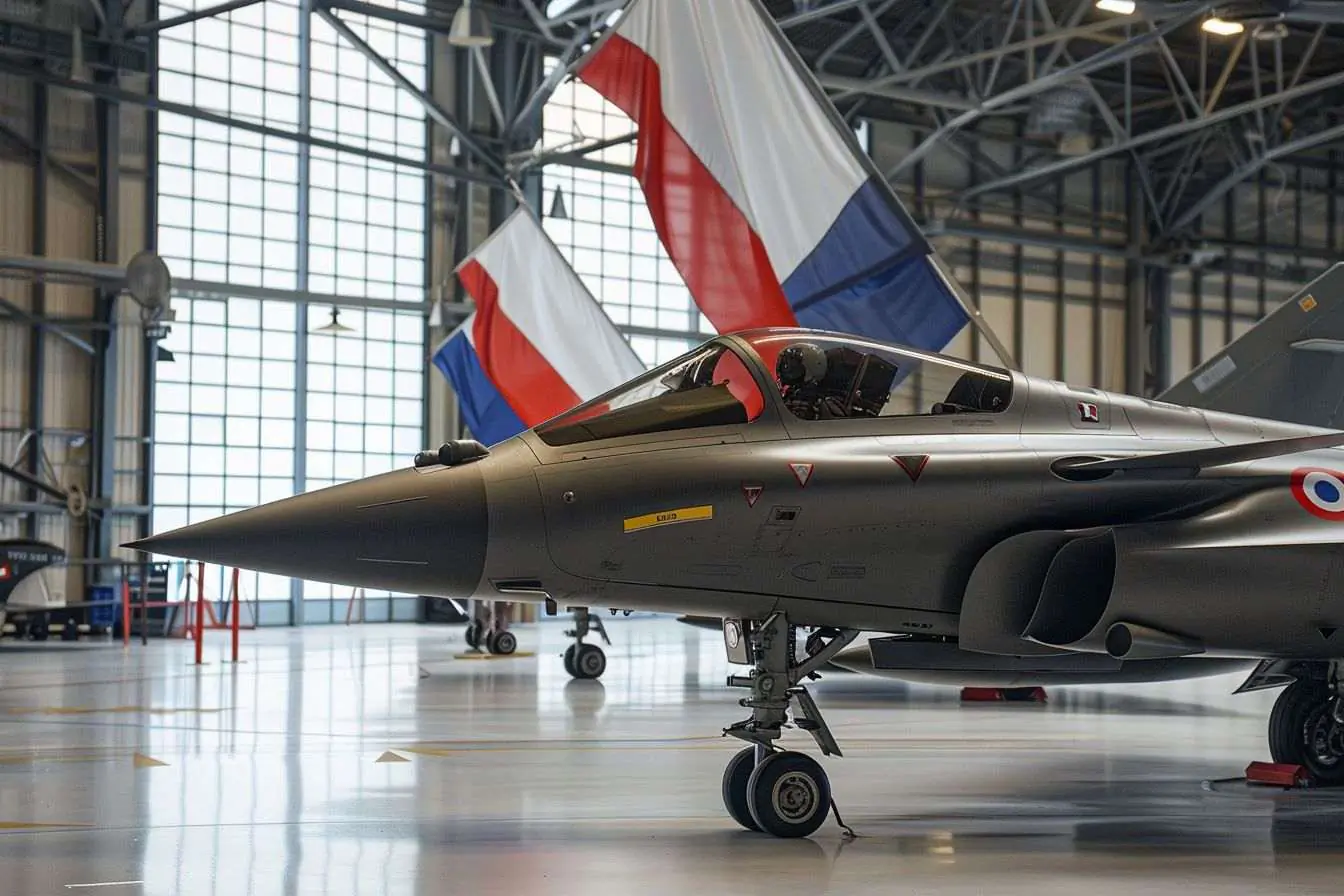 Un avion de chasse français dans un hangar