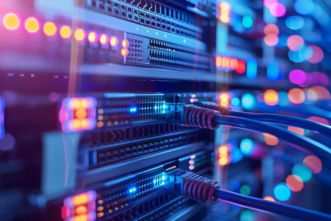 Vue intérieure de racks serveurs multicolores