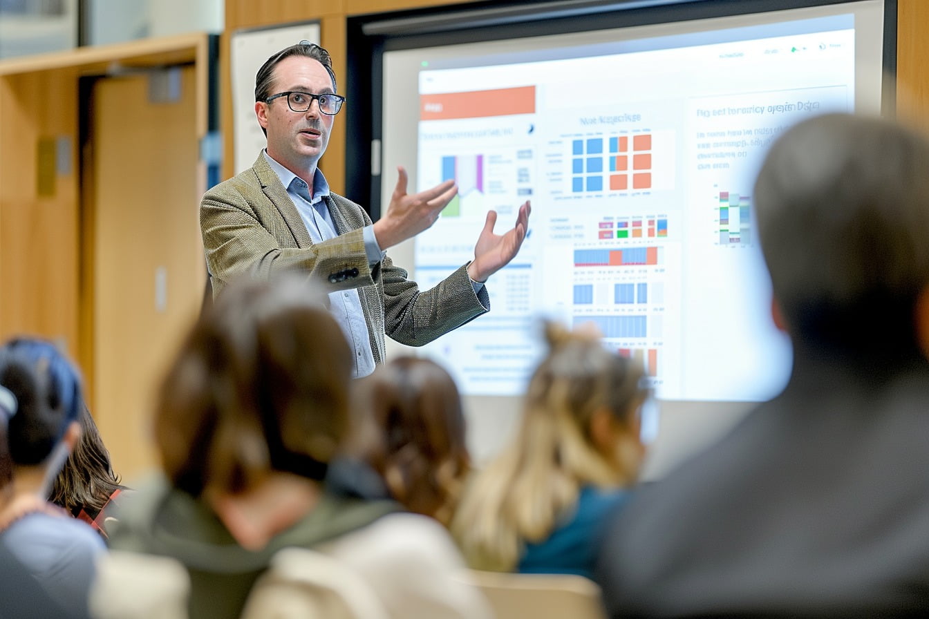Expert présentant des données sur un tableau blanc à un public