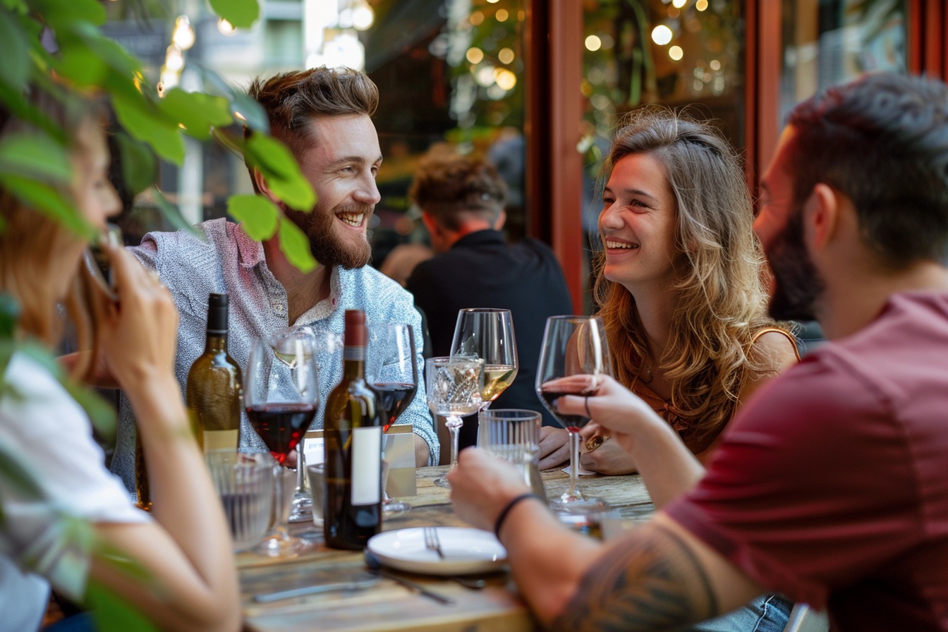 Image d'illustration. Des amis boivent du vin au restaurant.