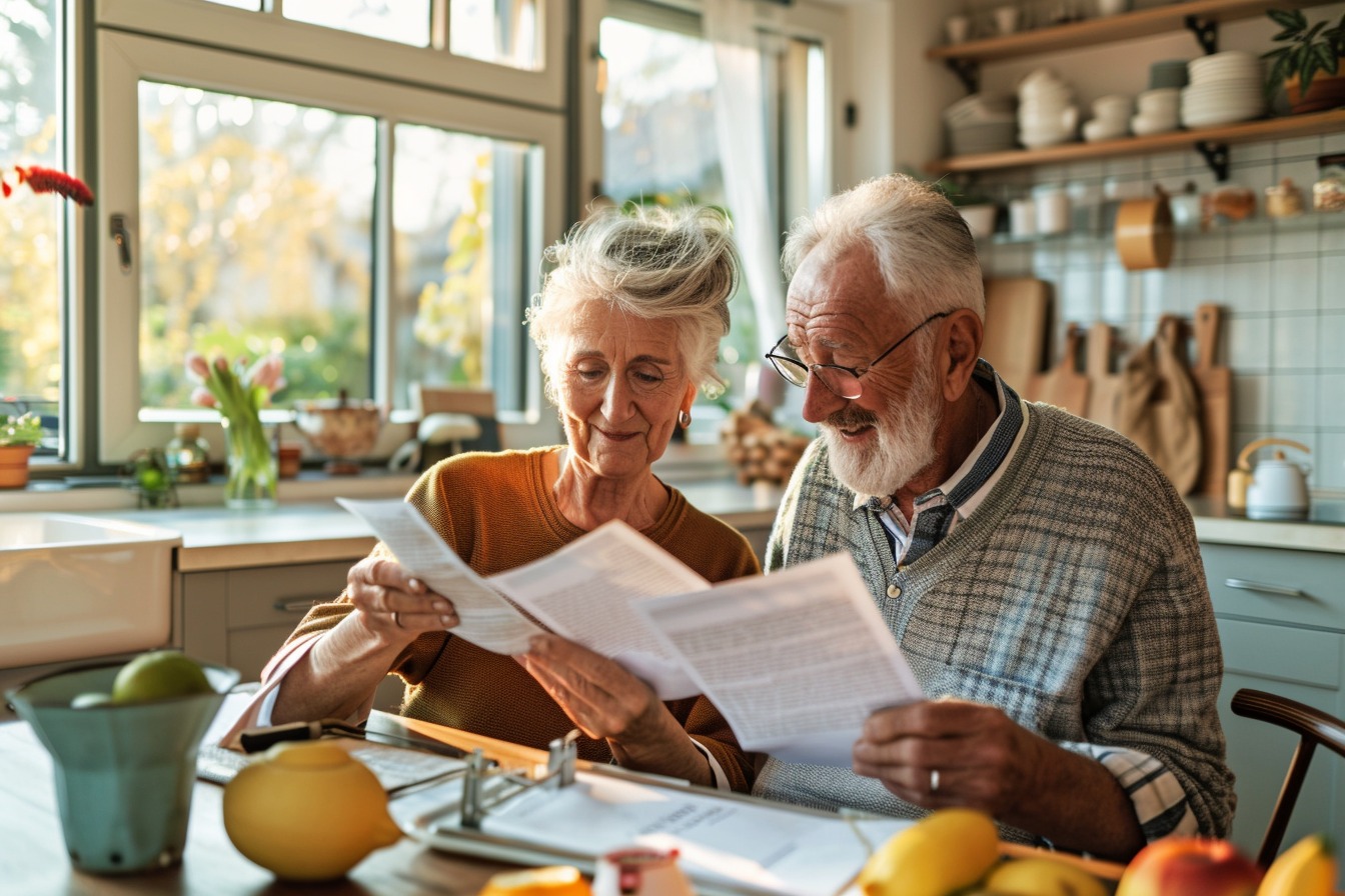 Image d'illustration. Un couple de sénior dans une cuisine lisant des documents