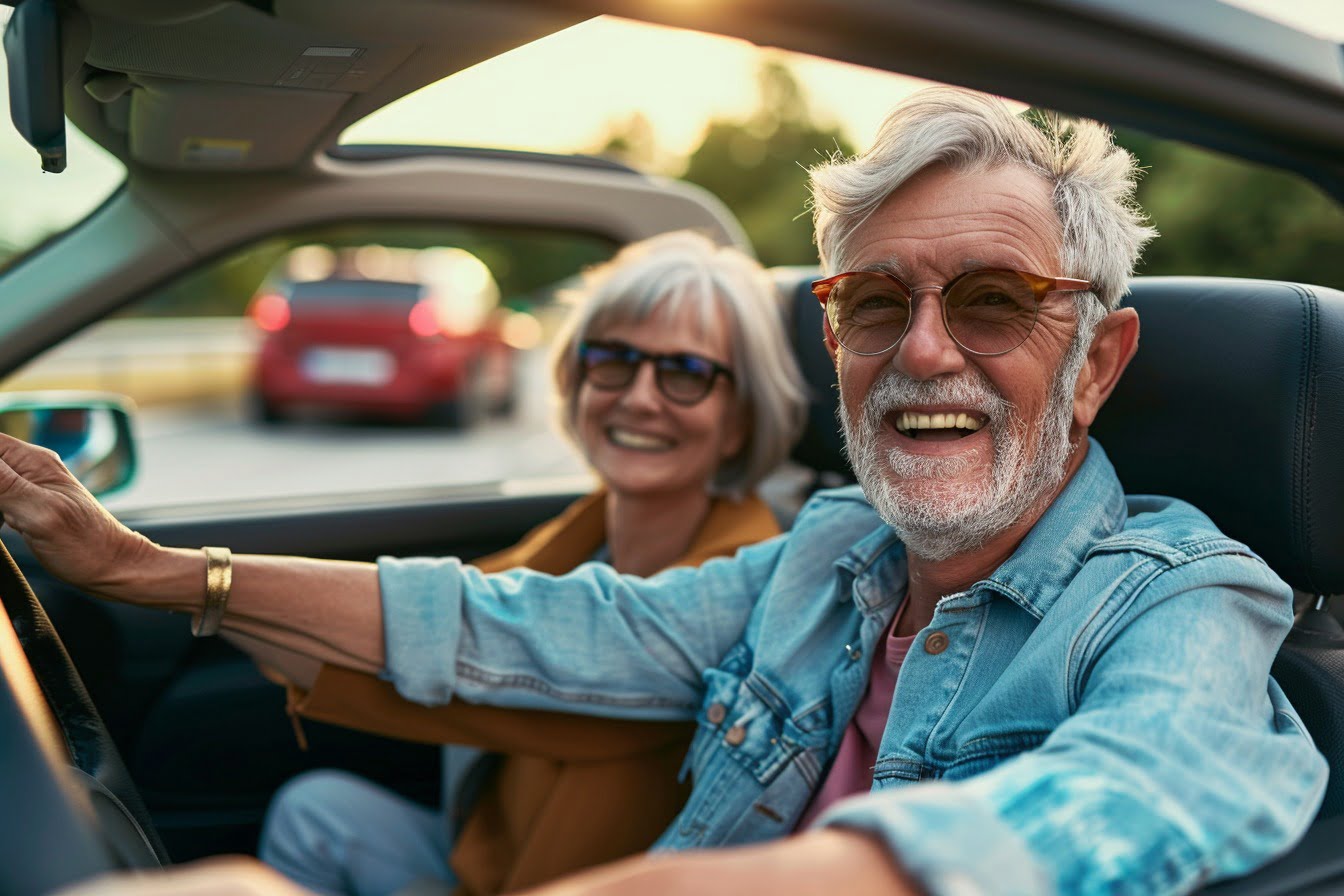 Image d'illustration. Des seniors heureux en voiture