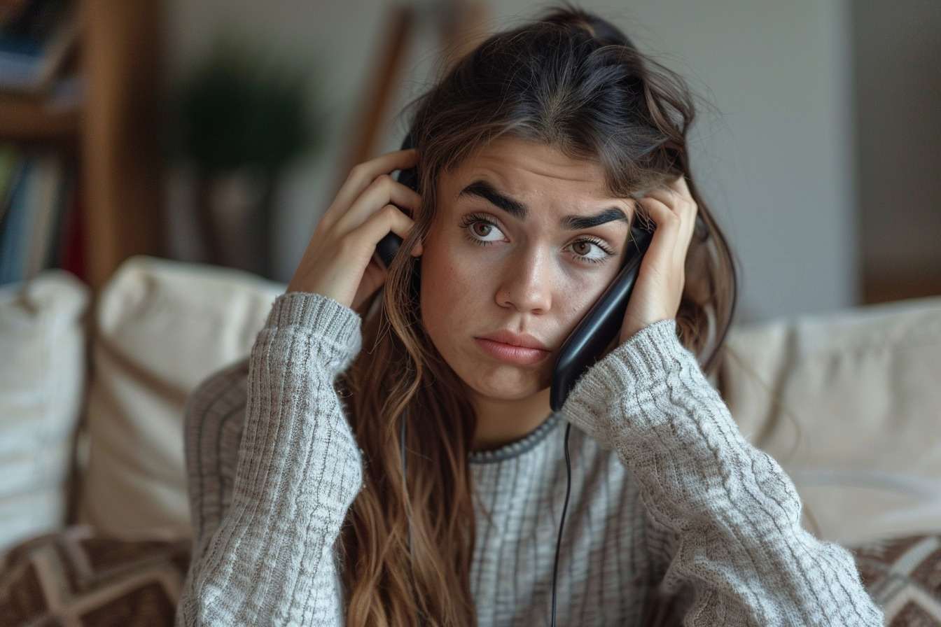 Une jeune femme agacée par le démarchage téléphonique