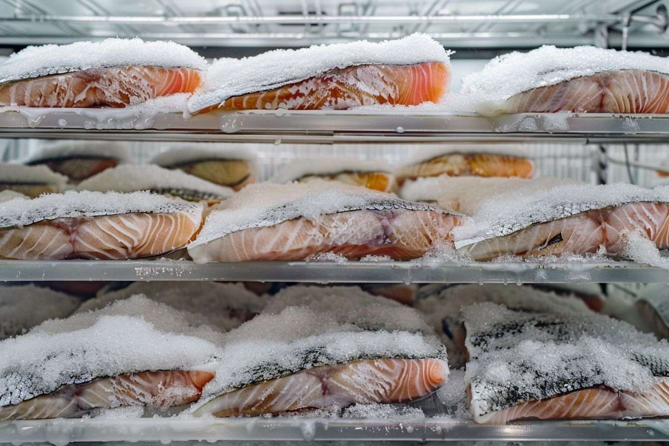 Image d'illustration. Filets de poisson surgelés dans un congélateur givré