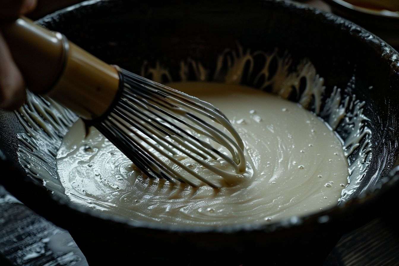 Image d'illustration. Un fouet mélangeant des ingrédients pour pâte à crêpes sans grumeaux