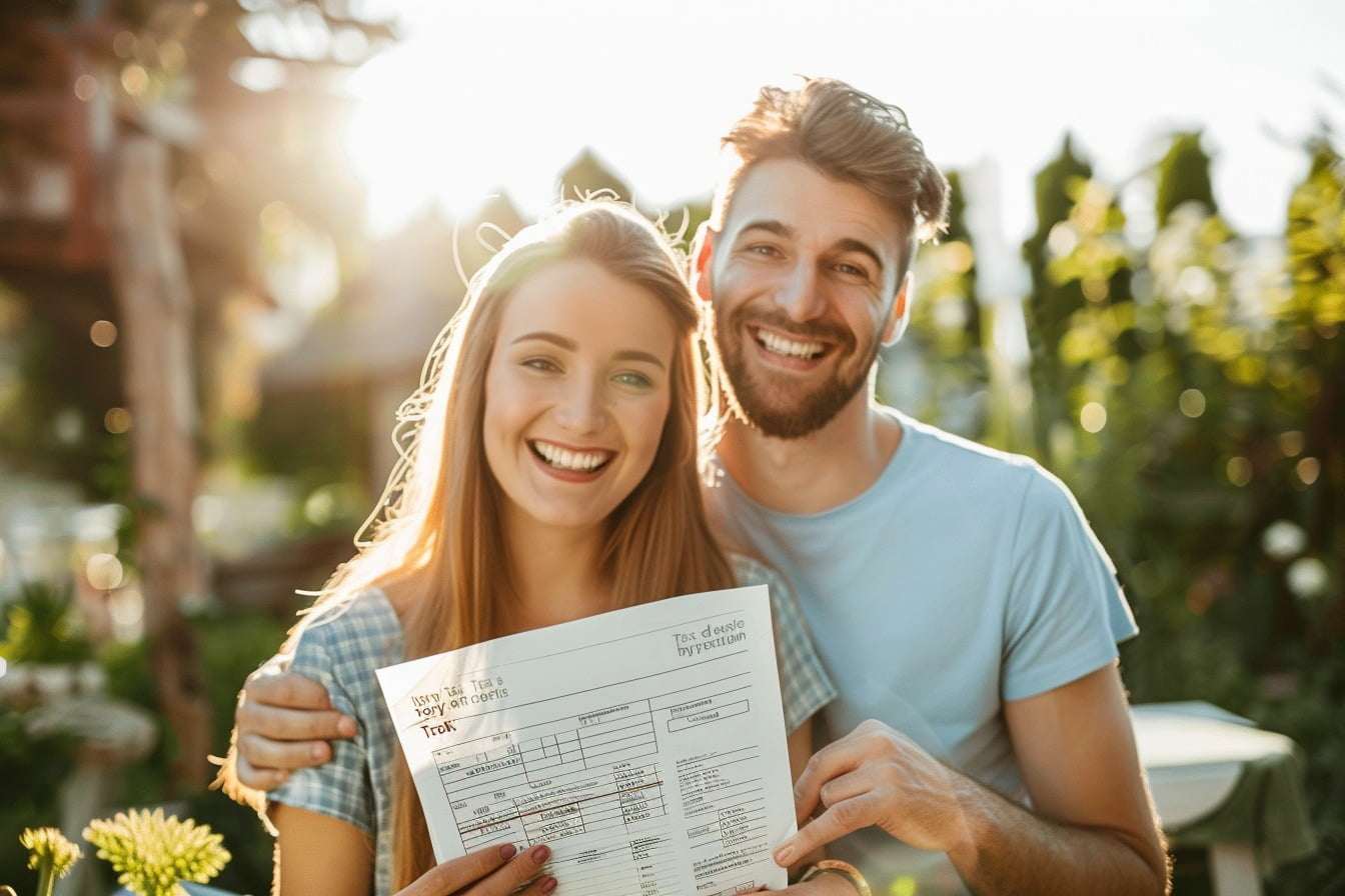 Un couple heureux tenant un document