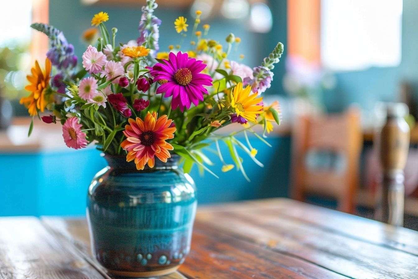 Image d'illustration. Bouquet de fleurs vibrant dans un vase en céramique