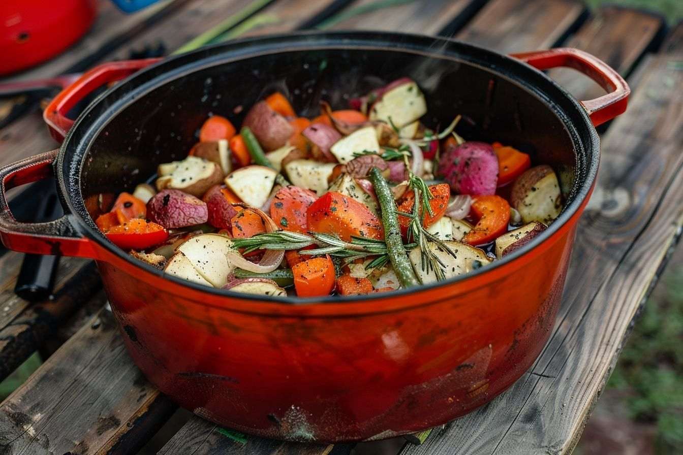 Image d'illustration. Marmite en fonte avec légumes colorés sur table rustique