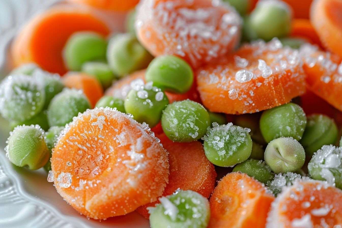 Image d'illustration. Gros plan de petits pois et carottes surgelés