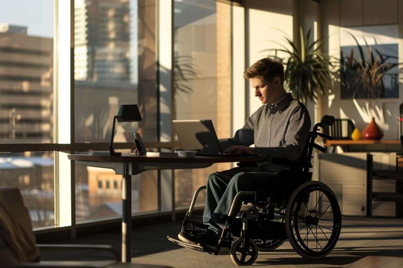 Jeune homme en fauteuil roulant concentré sur un ordinateur portable
