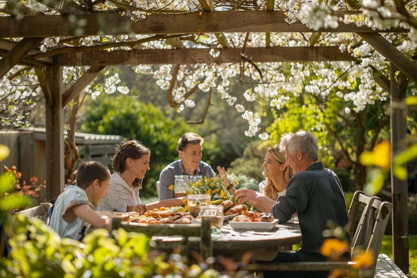 Image d'illustration. Famille repas pergola jardin soleil