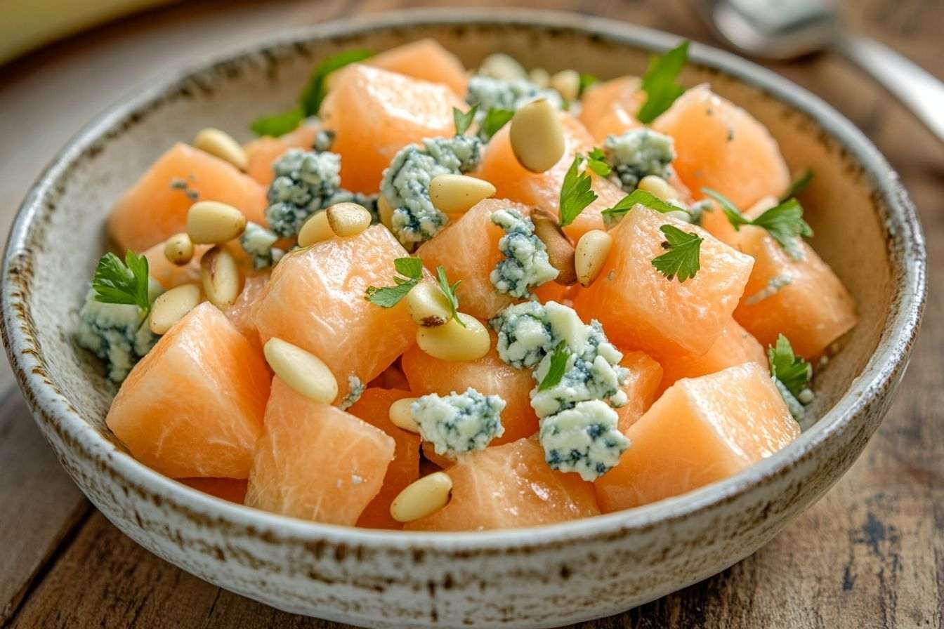 Image d'illustration. Gros plan de cubes de melon avec fromage bleu et pignons grillés