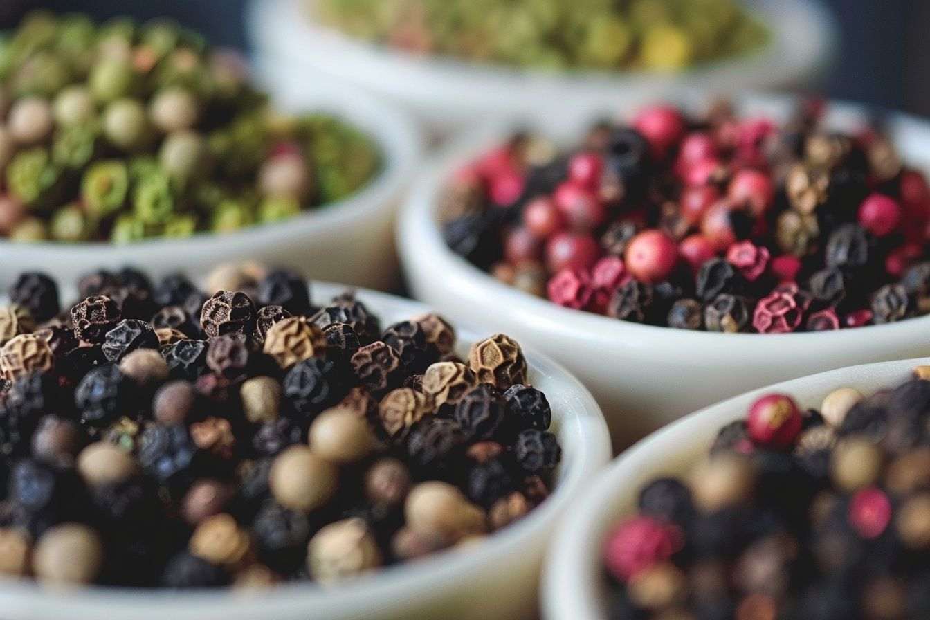 Image d'illustration. Gros plan de grains de poivre noir, vert et rose