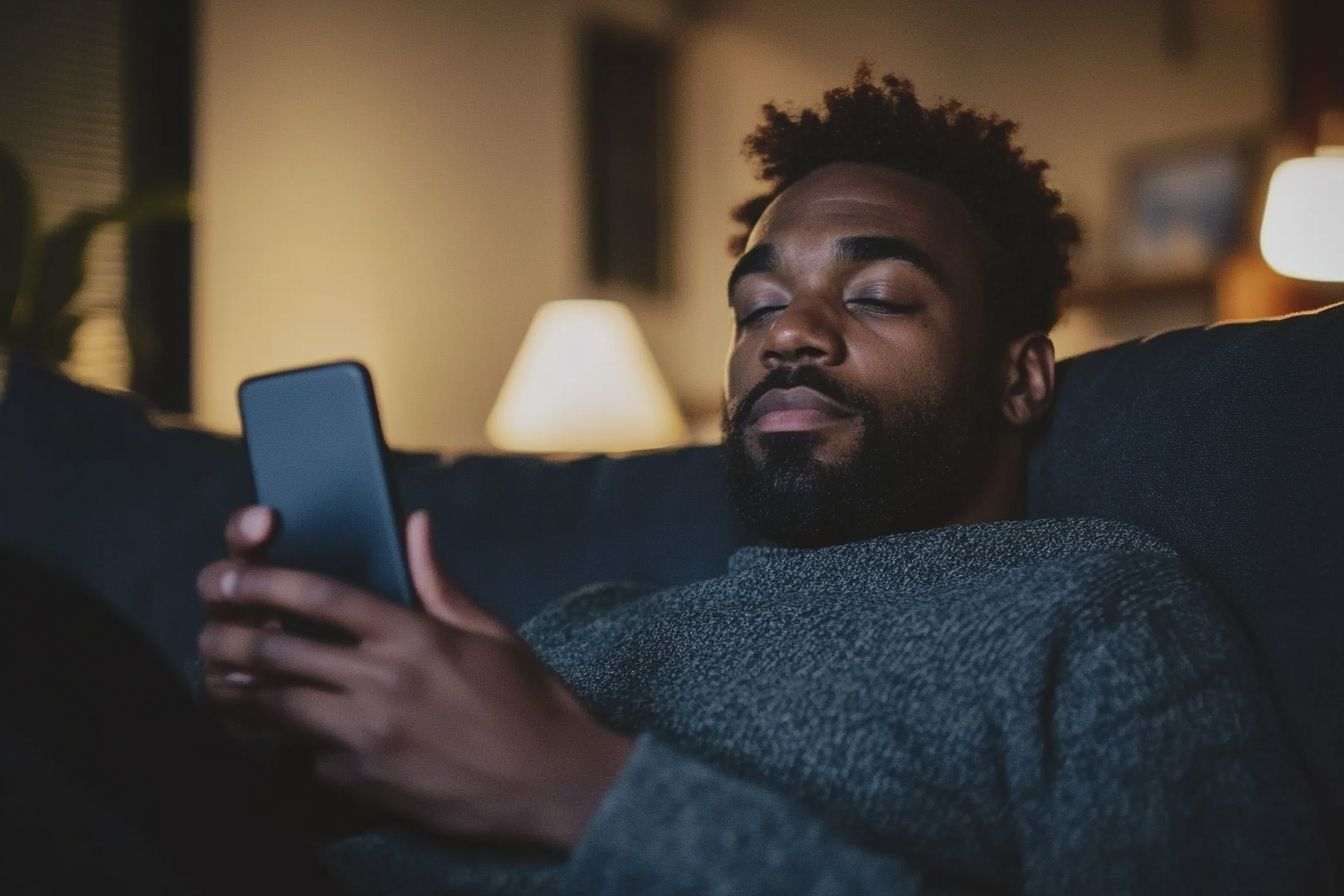 Image d'illustration. Homme sur canapé avec téléphone à la main