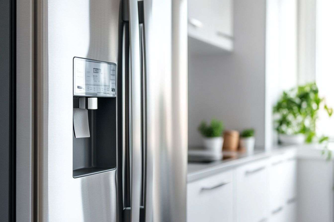 Gros plan réfrigérateur moderne acier inoxydable cuisine lumineuse