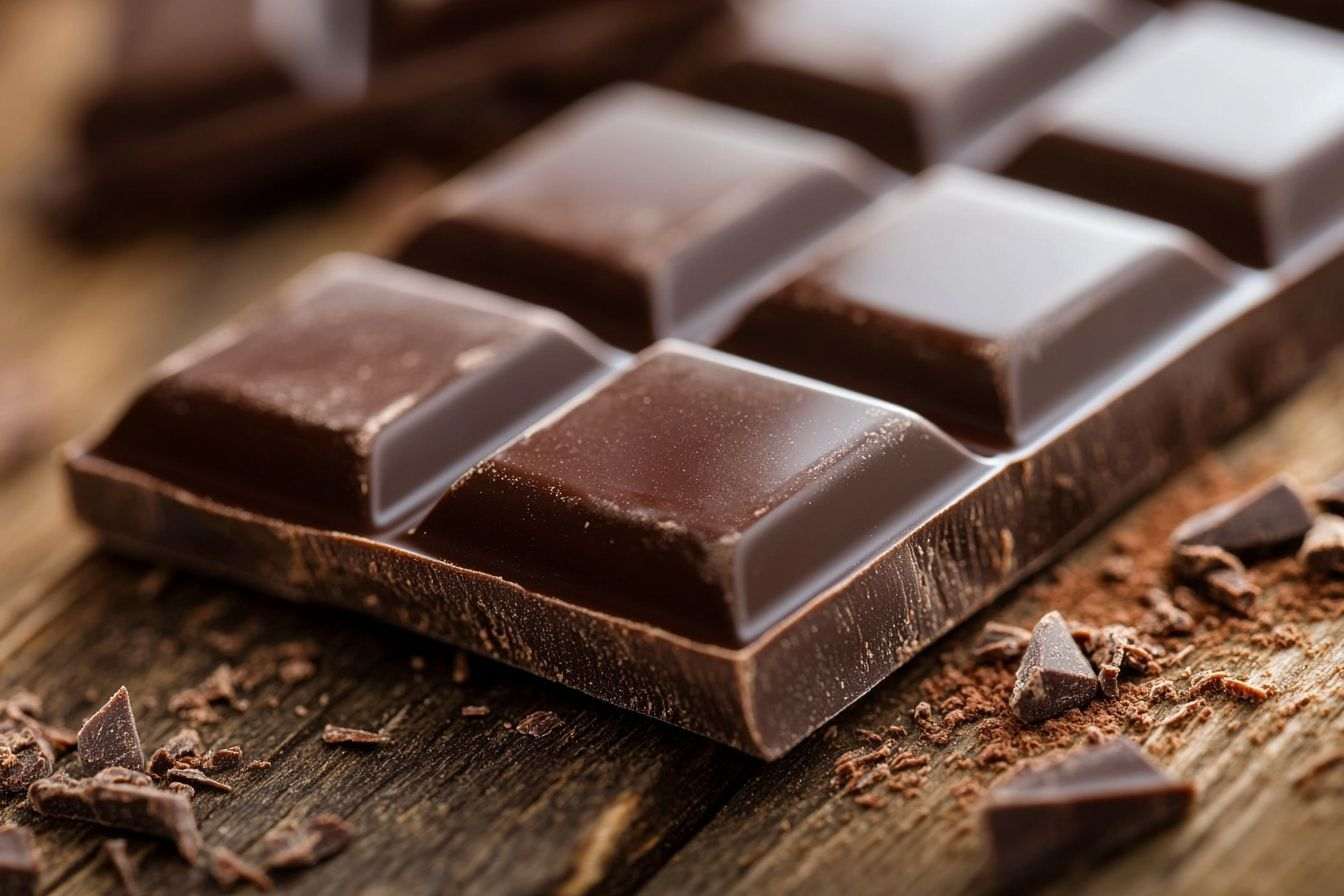 Un gros plan montre une barre chocolatée riche reposant sur une table en bois, éclairée par une douce lumière chaleureuse.