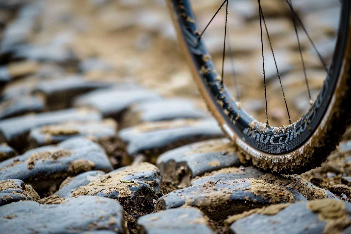 Image d'illustration. Gros plan d'un pneu de vélo sur les pavés de Paris-Roubaix