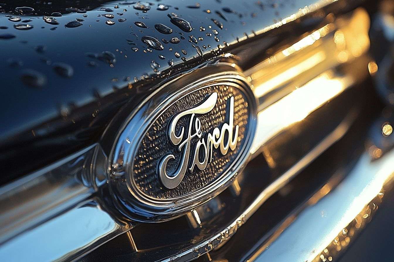 Le logo Ford affiché sur le capot d'une voiture classique, étincelant sous le soleil.