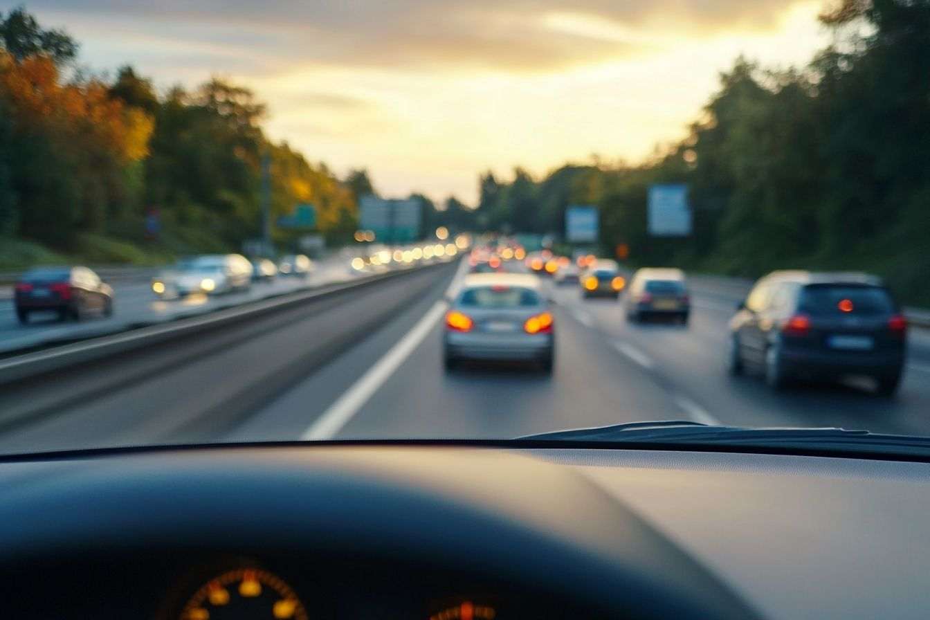 Perspective de la caméra de tableau de bord sur l autoroute encombrée