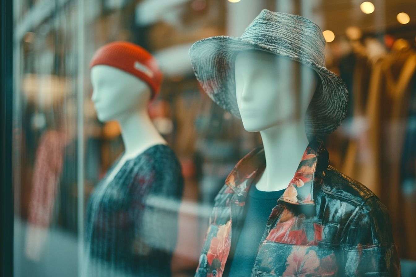 Une boutique de vêtements fermée avec des mannequins portant des tenues stylées derrière la vitrine.