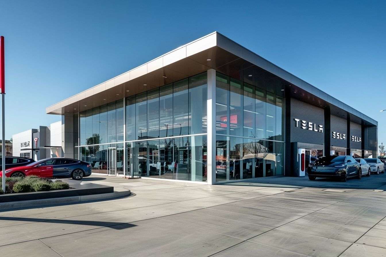 Extérieur de la concession tesla avec vitrines en verre