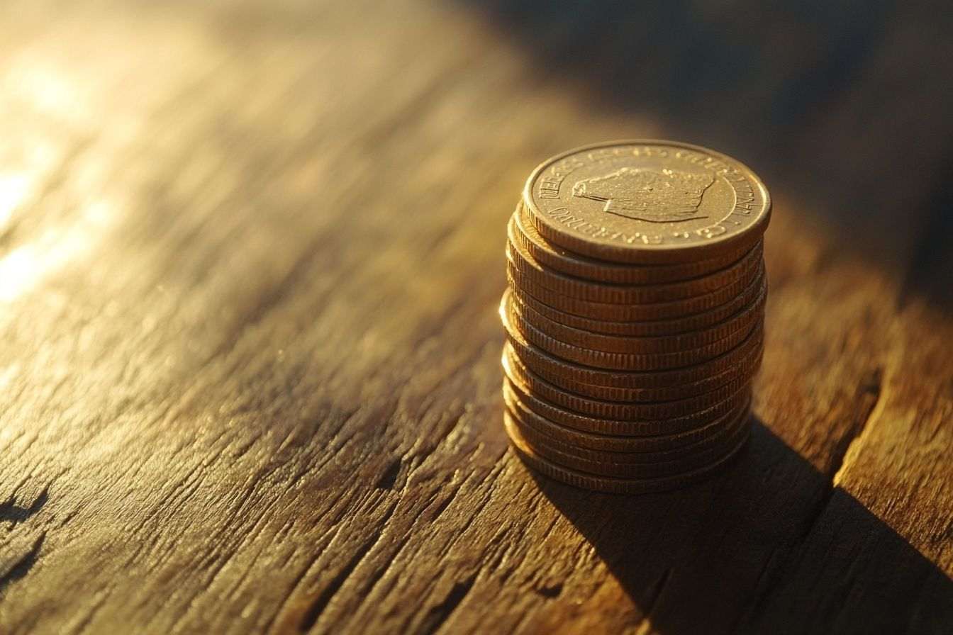 Gros plan d une pile de pièces illuminée par une lumière chaude sur une table en bois