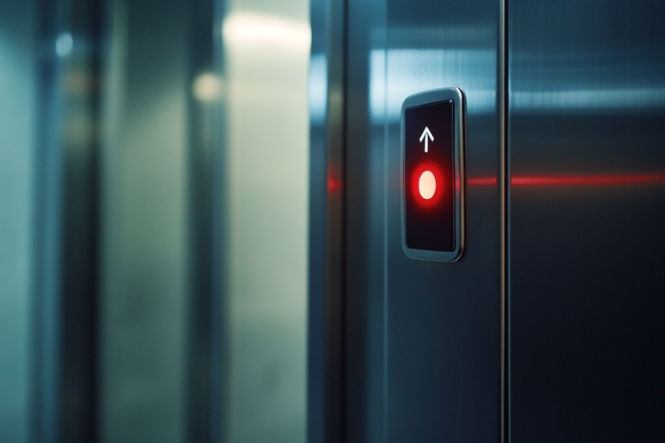 Prise de vue large de l'intérieur d'un ascenseur mettant en avant le bouton d'urgence et des éléments de design minimaliste.