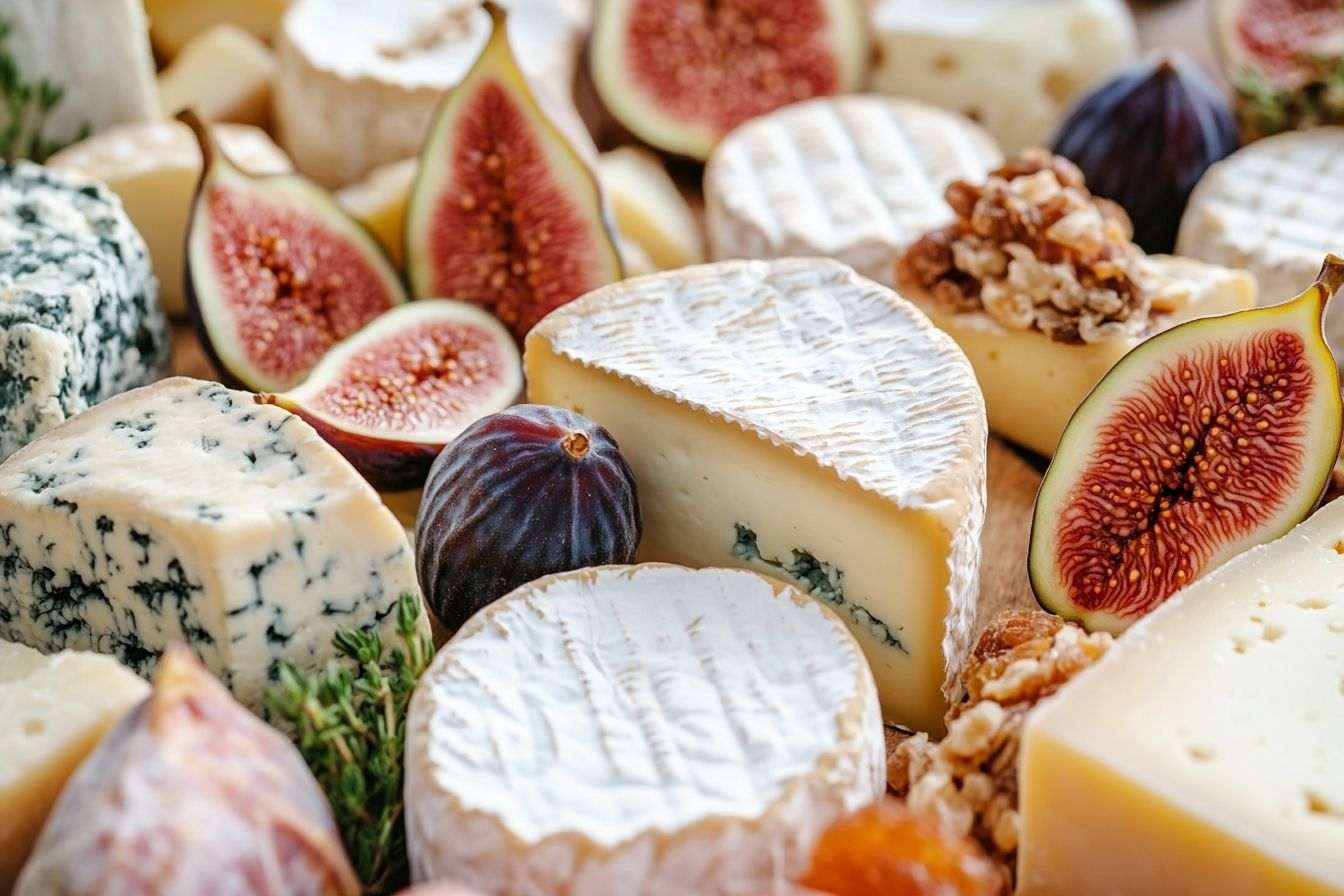 Découvrez la richesse des fromages français associés à des accompagnements colorés tels que des figues et des fruits secs, vus d'en haut.