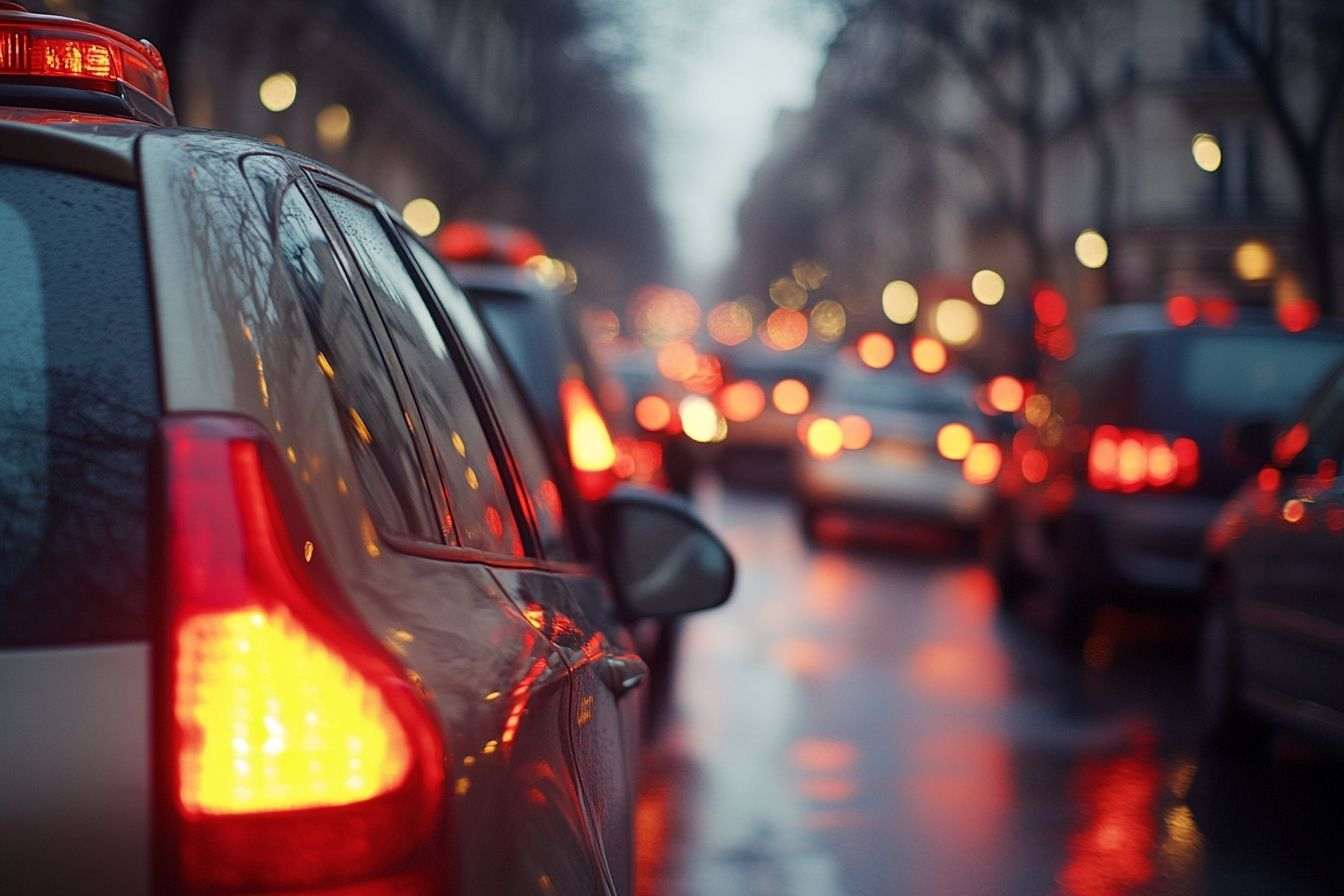 Une rangée de taxis attend à un carrefour animé de Paris, capturant l'énergie vibrante de la ville.
