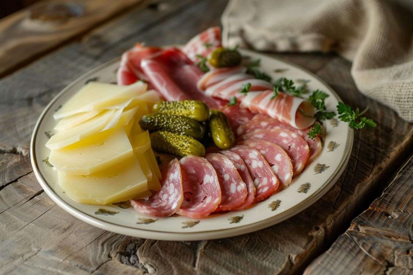 Une assiette de raclette avec charcuteries