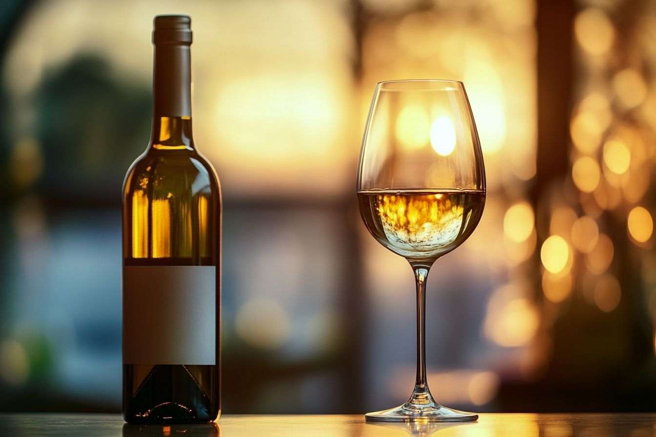 Un verre à vin vide à côté d'une bouteille à moitié vide, reflétant la lueur chaleureuse d'une soirée d'été.