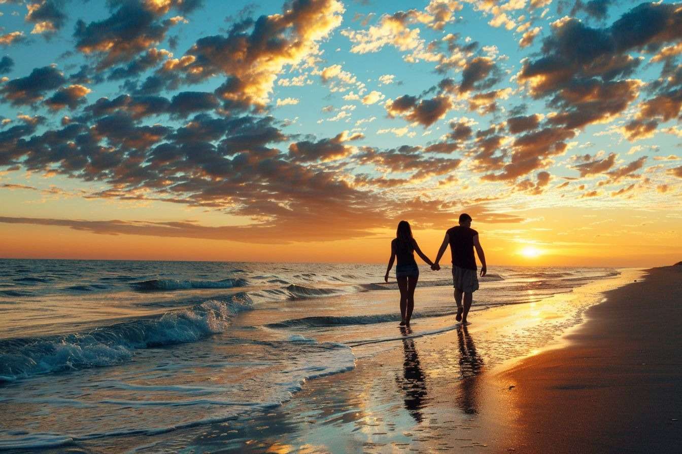 Un couple profite du coucher de soleil sur la plage en vacances
