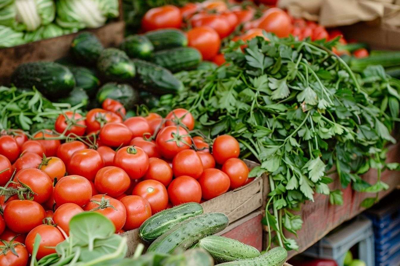 Gros plan de tomates mûres, concombres croquants et herbes parfumées