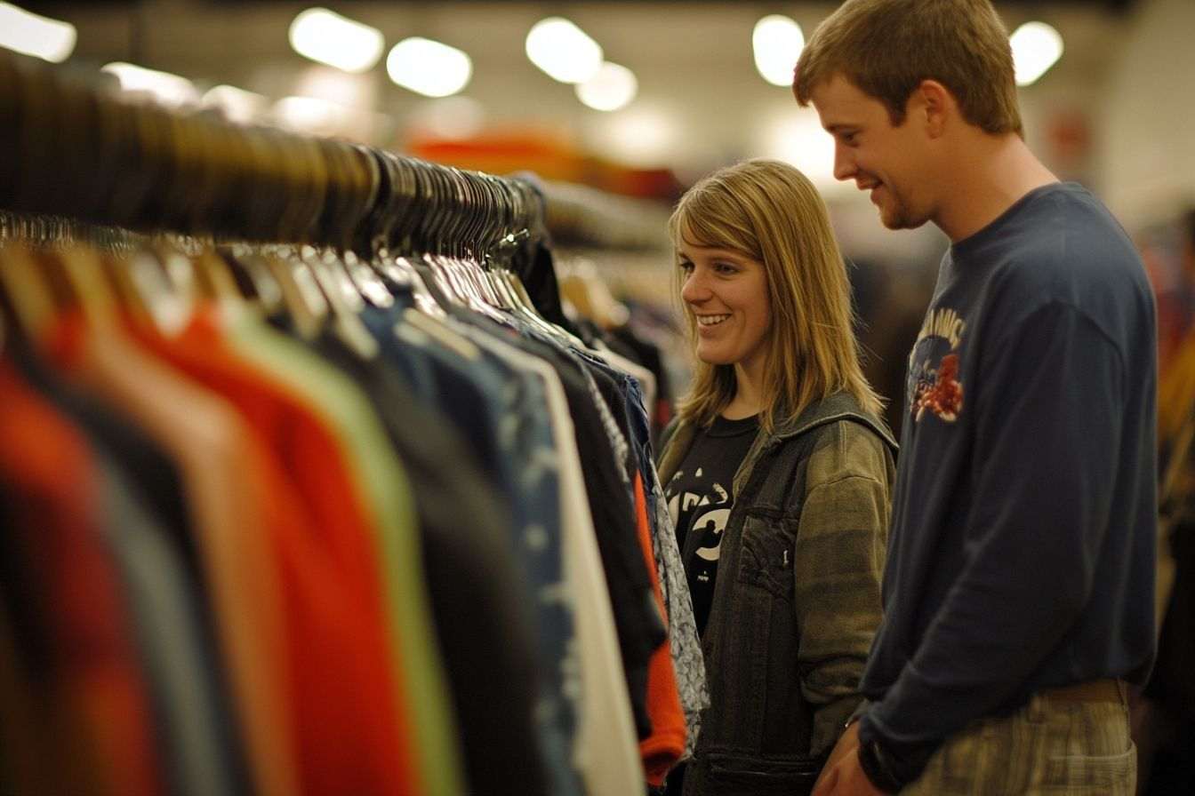 Clientèle heureuse explorant les racks de vêtements