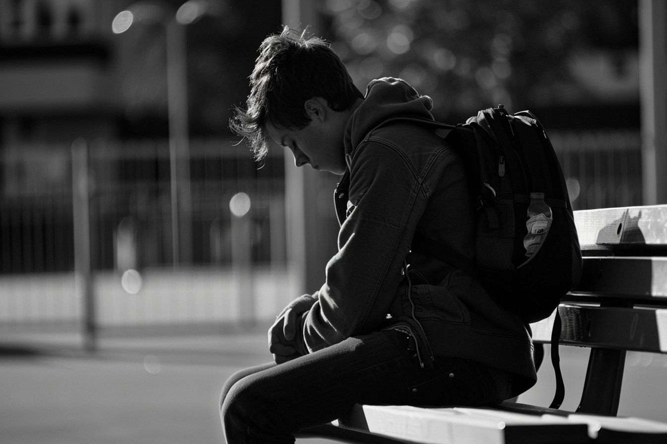 Étudiant solitaire sur banc d’école