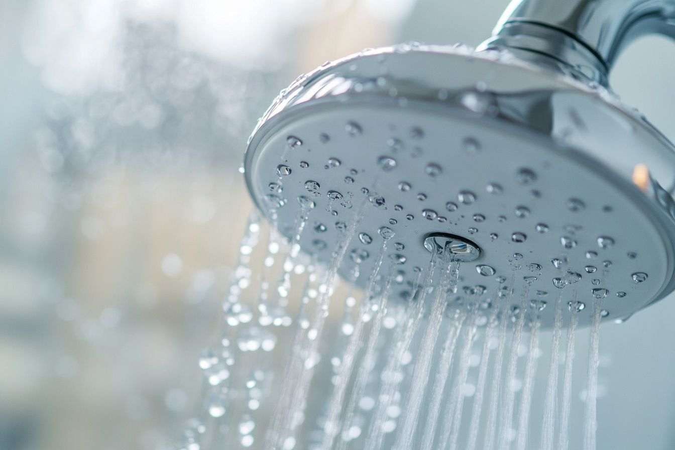 Gouttelettes d eau sur une pomme de douche moderne