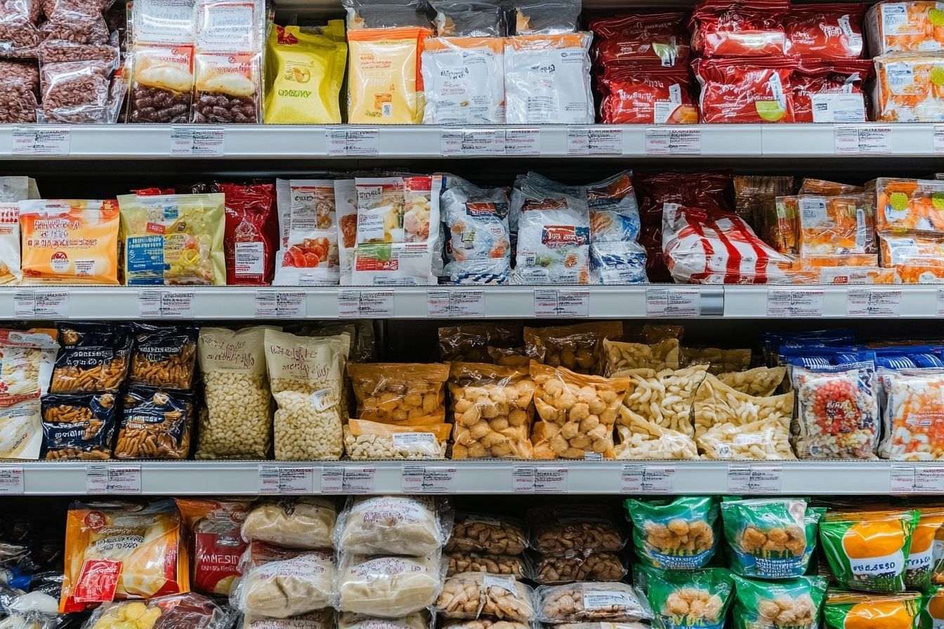 Présentation de supermarché avec aliments emballés
