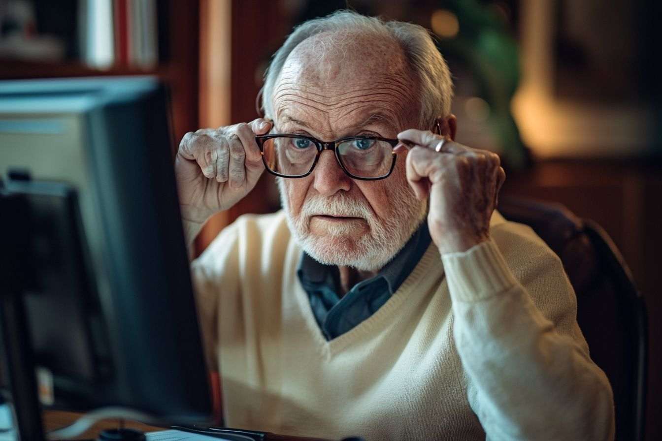 Retraité à un bureau ajustant des lunettes
