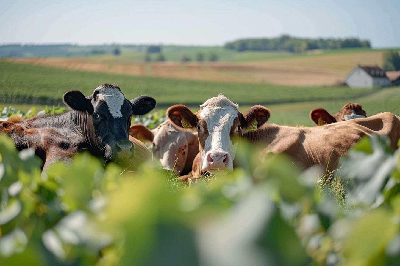 Groupe de vaches montbéliarde au repos dans la nature