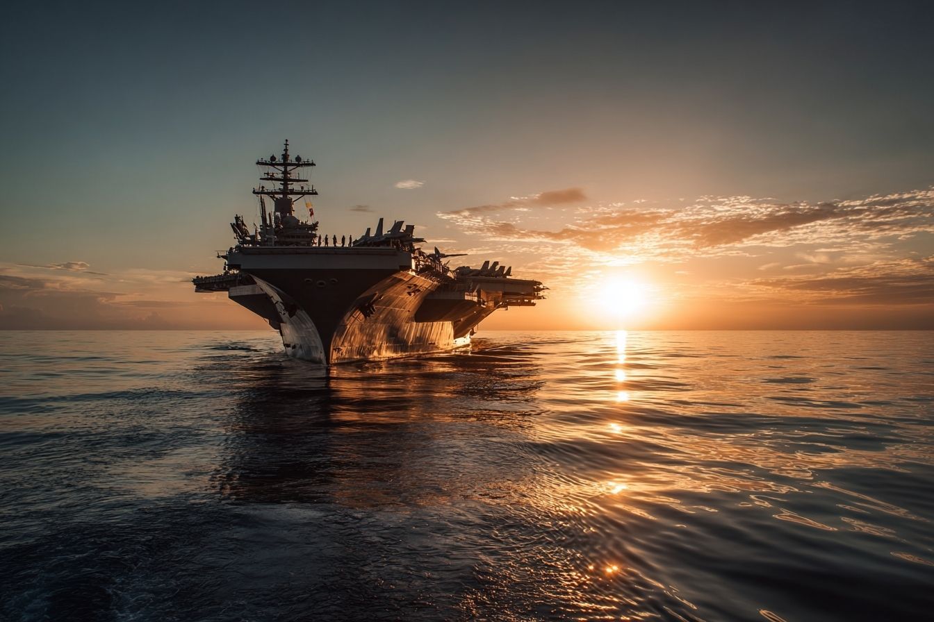Paysage marin avec porte avions et coucher de soleil