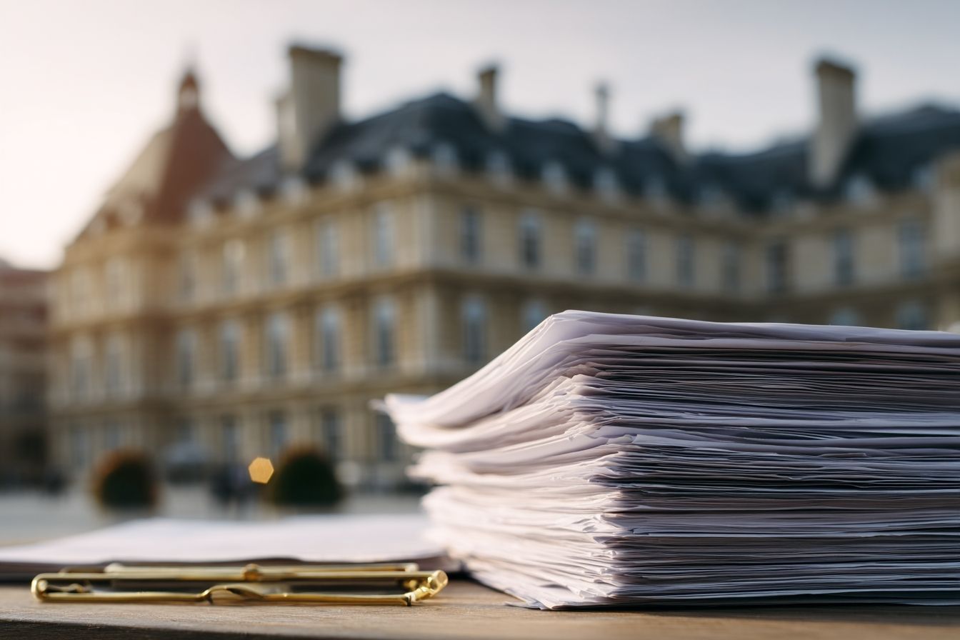 Vue rapprochée bâtiment gouvernemental paris avec documents budgétaires