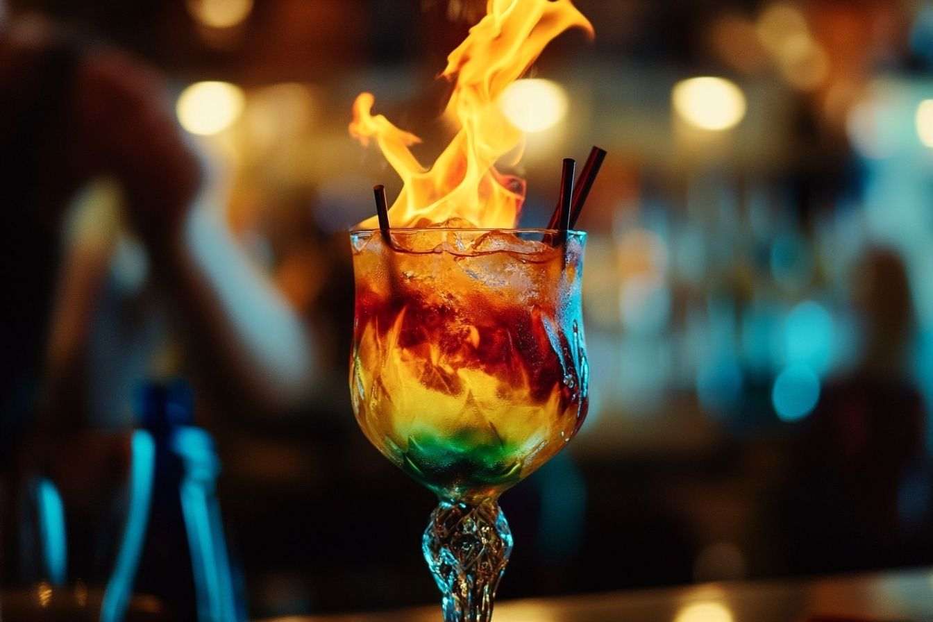 Flammes au dessus d un cocktail coloré