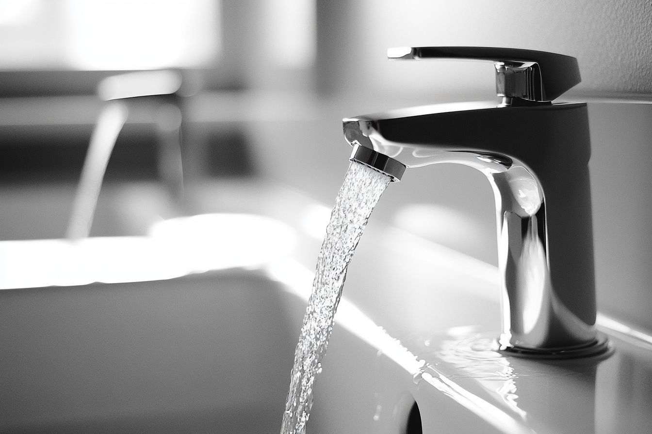 Gros plan d un robinet élégant avec de l eau coulant doucement dans un évier poli