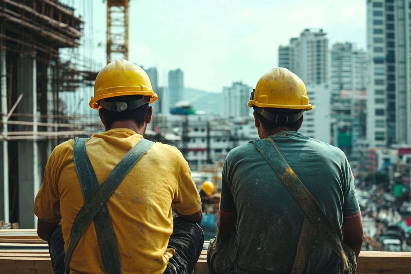 Travailleurs en casques de sécurité sous le soleil