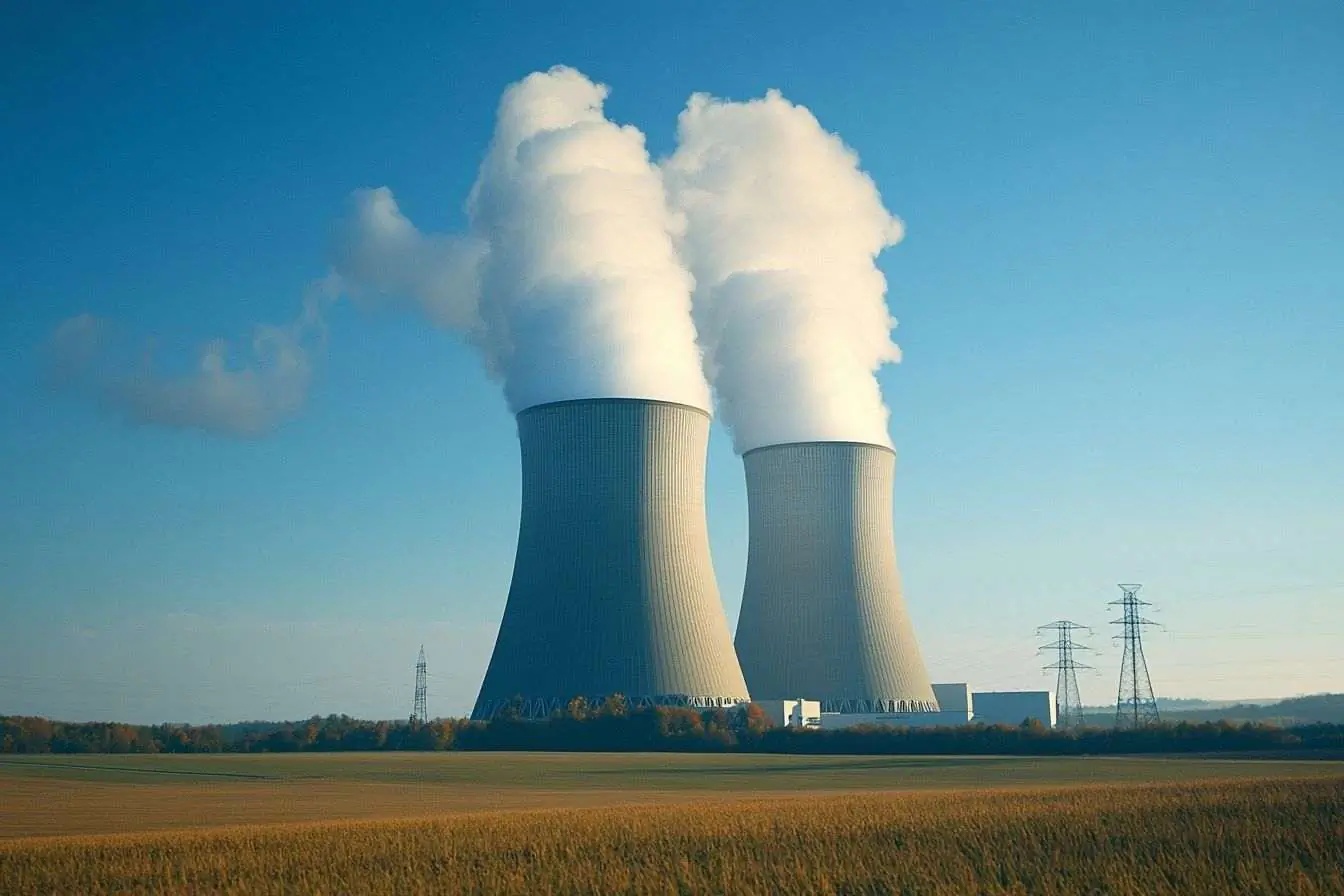 Image d'une centrale nucléaire avec des tours de refroidissement et un ciel bleu, symbolisant l'innovation technologique.